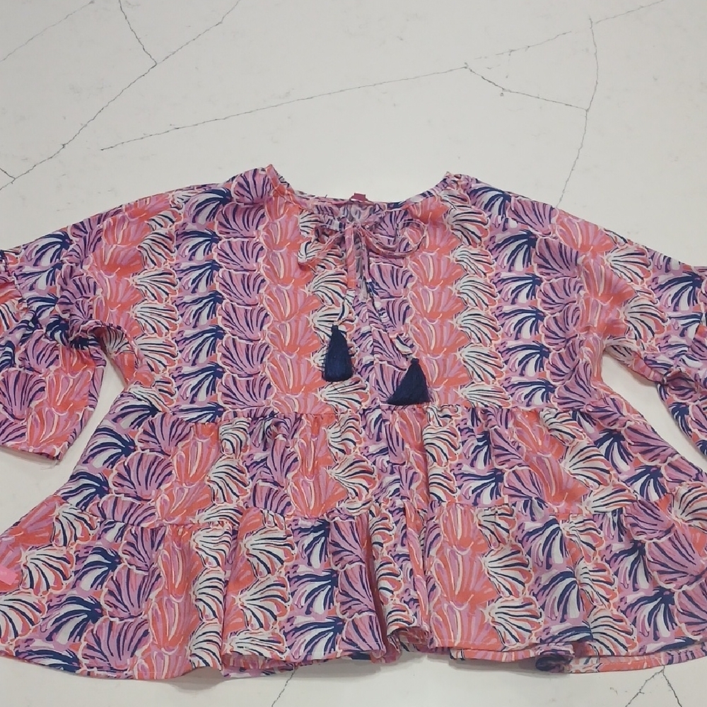 Simply Southern Pink and Blue Shell Patterned Top, Sz M